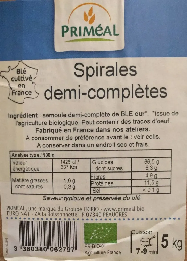 Pâtes spirales semi-complètes