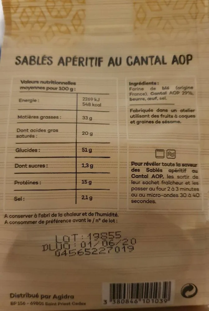 Sables apéritifs au Cantal aop