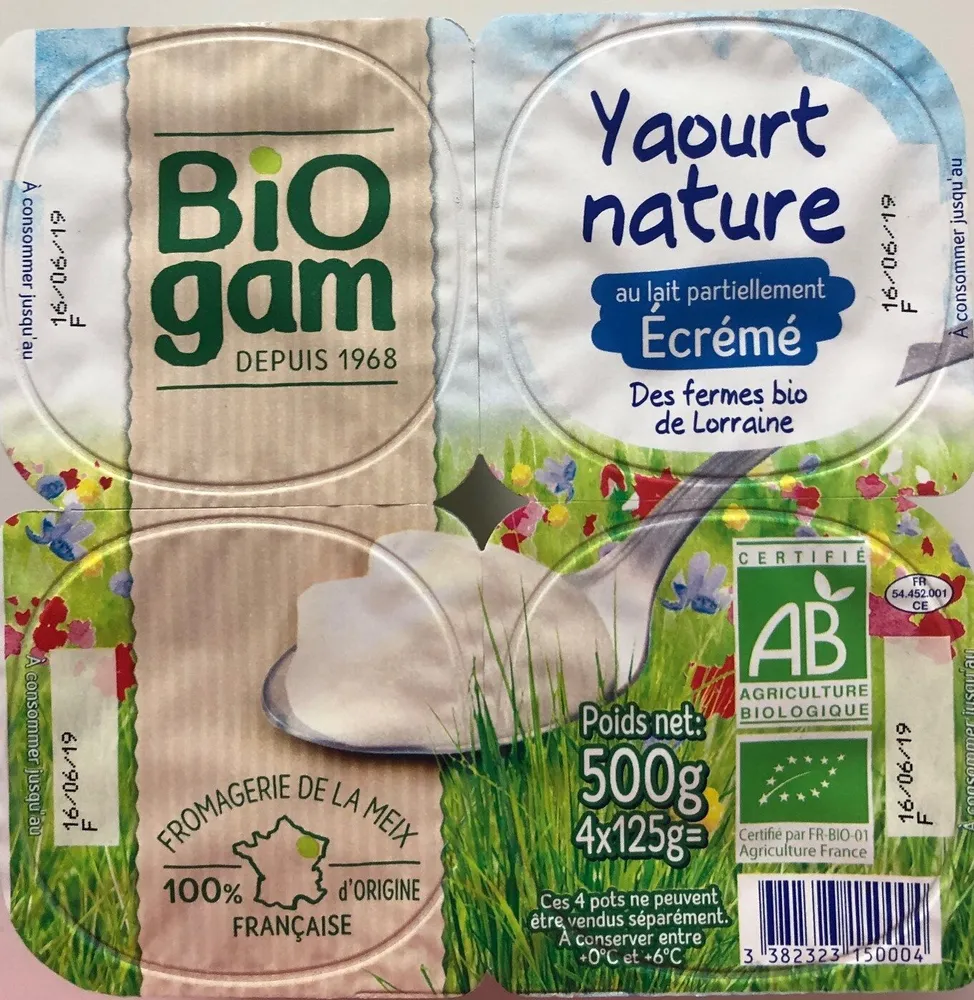 Yaourts Nature au Lait Partiellement Ecrémé des Fermes Bio de Lorraine