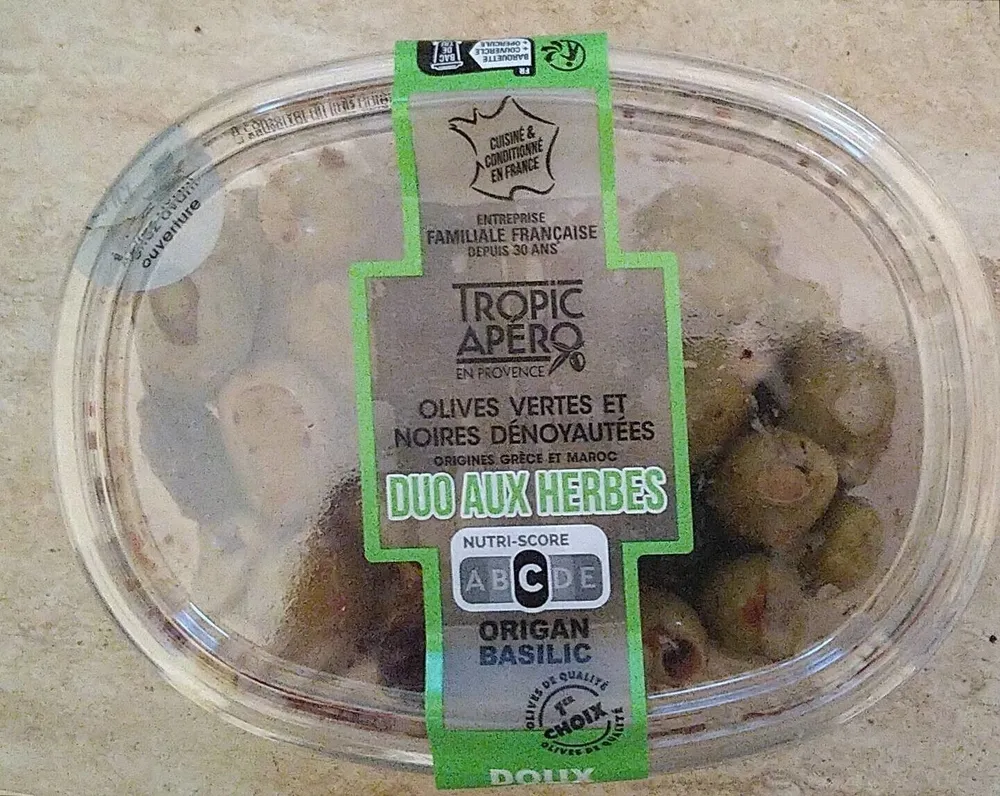 Olives vertes et noires dénoyautées duo aux herbes