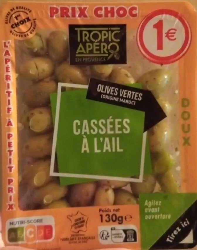 Olives vertes  (origine Maroc) cassées à l'ail