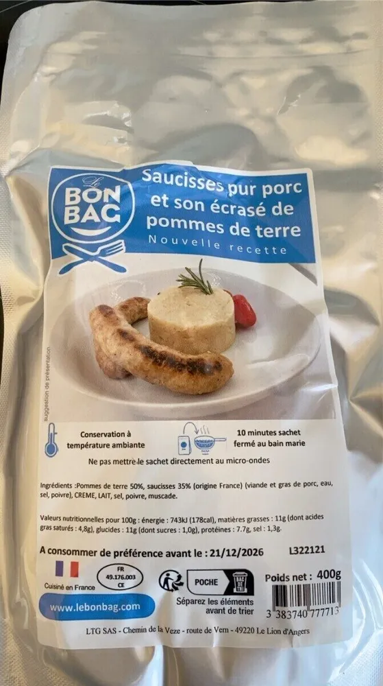 Saucisse pur porc et son ecrasé de pommes de terre