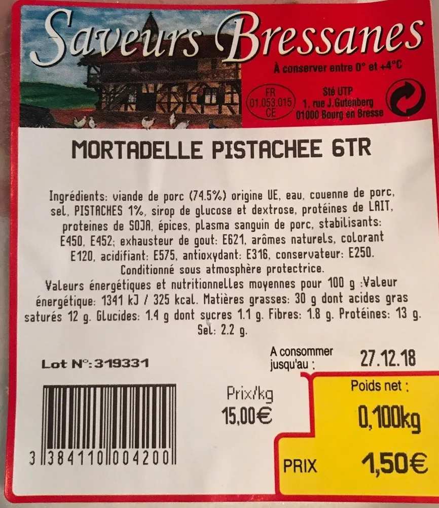 Mortadelle Pistaches Saveurs Bressanes 100 G