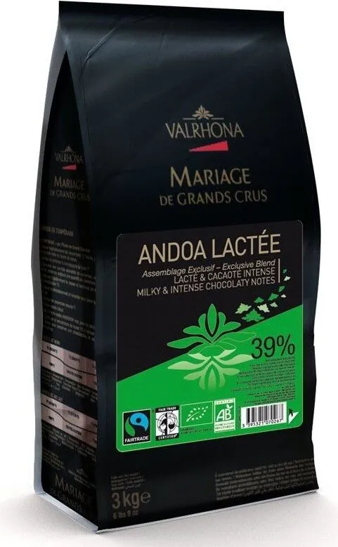 Valrhona Andoa Lactee, Couverture Vollmilch, Als Callets, 39% Kakao, Bio-zert.