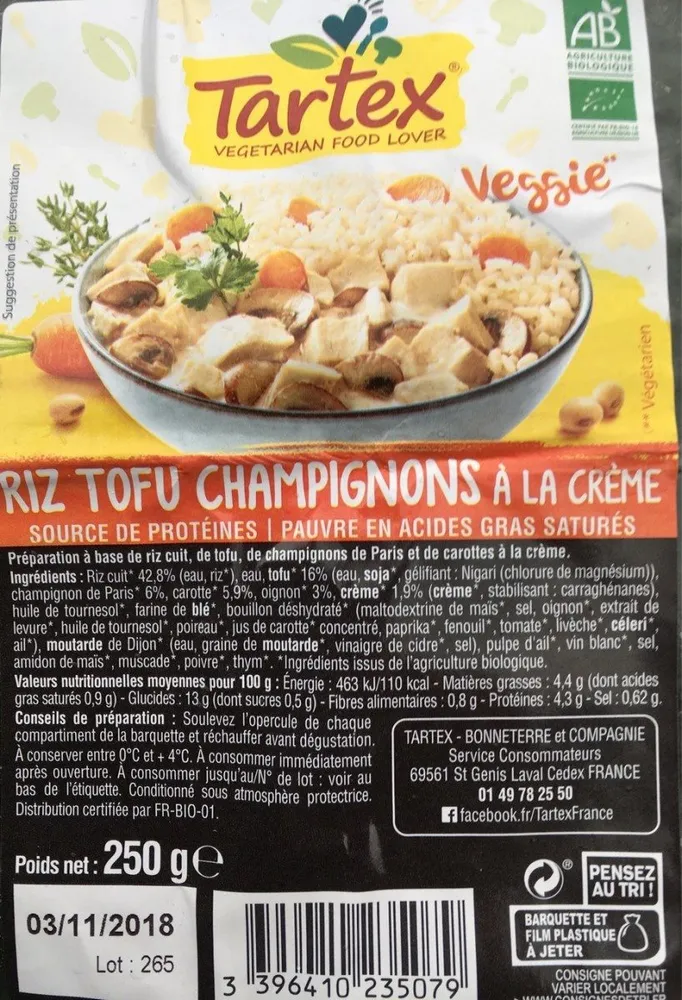 Riz tofu champignons à la crème