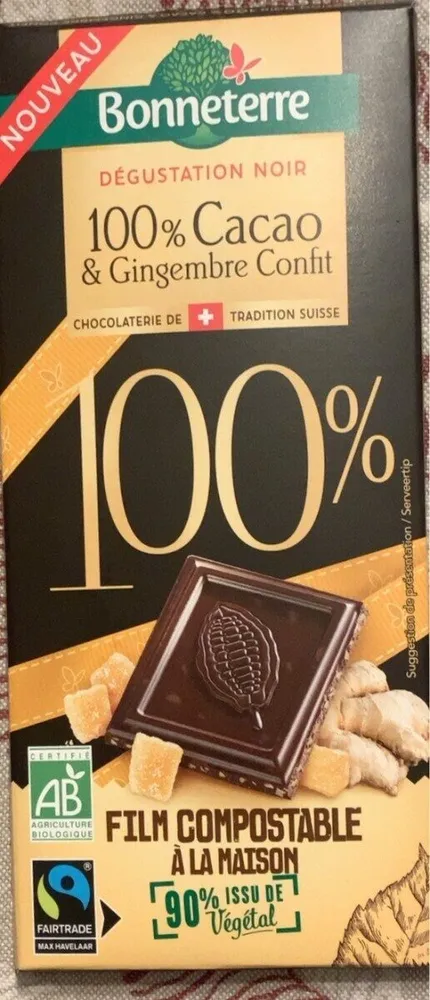 Chocolat noir de dégustation 100% Cacao & Gingembre Confit