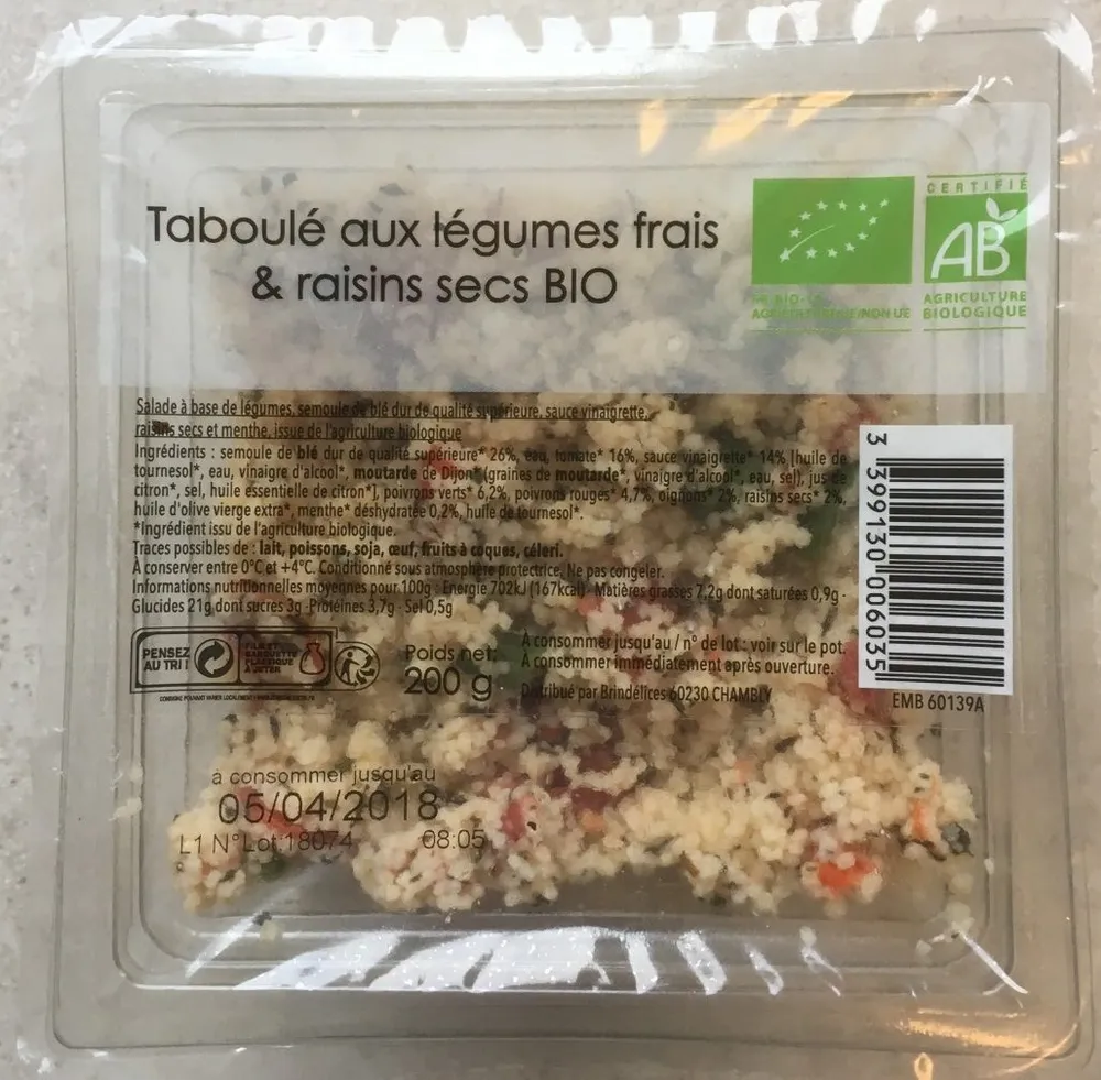 Taboulé légumes frais et raisins secs
