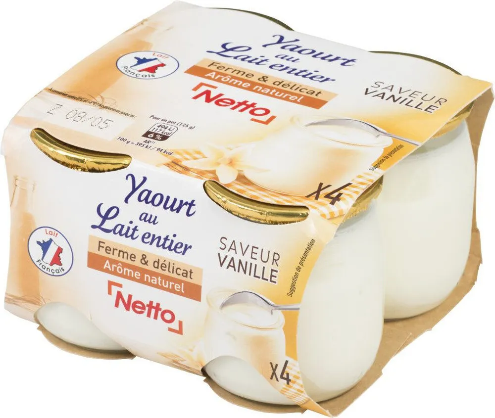 YAOURT AU LAIT ENTIER POT VERRE 4X125G - saveur vanille