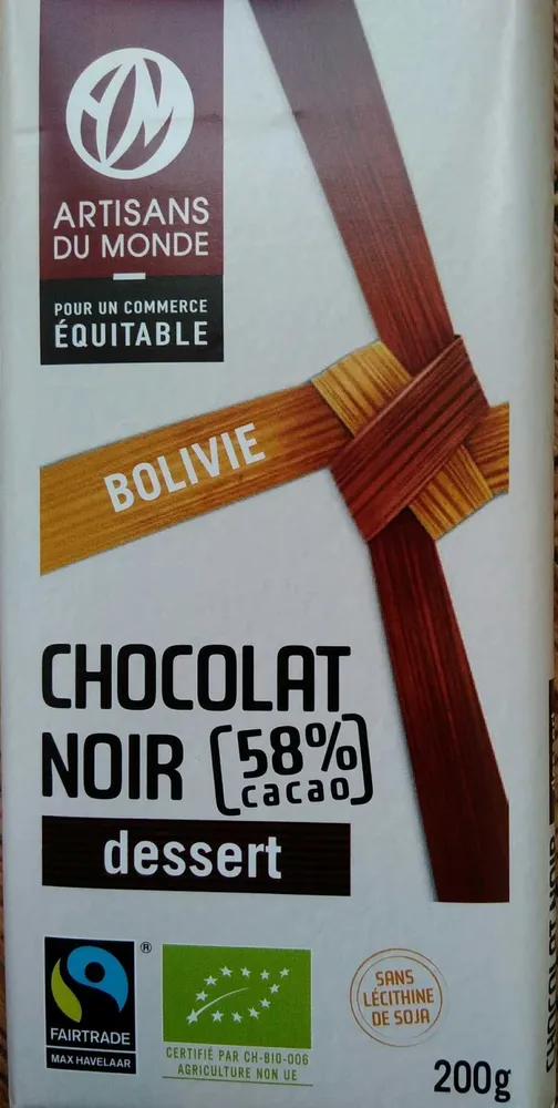 Chocolat noir dessert 58% cacao, Bolivie