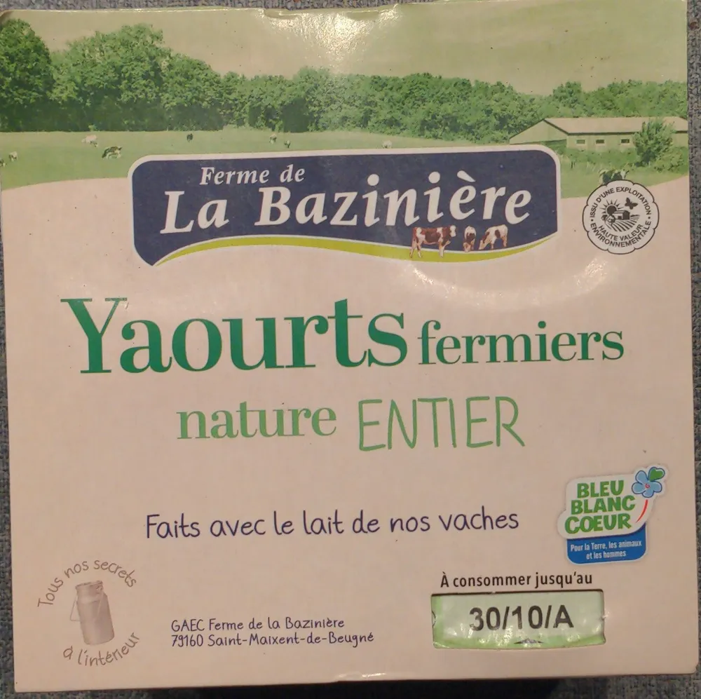 Yaourts nature au lait entier La Baziniere