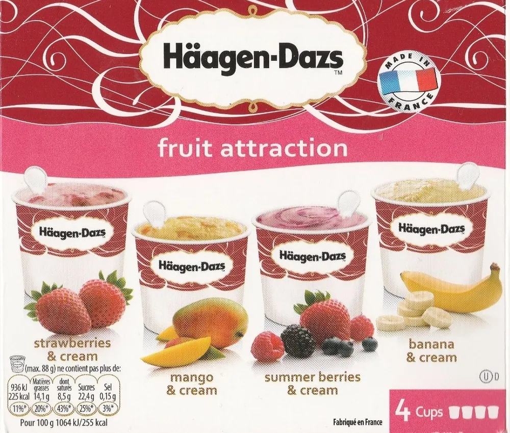 Fruit attraction (strawberries & cream, mango & cream, summer berries & cream, banana & cream)