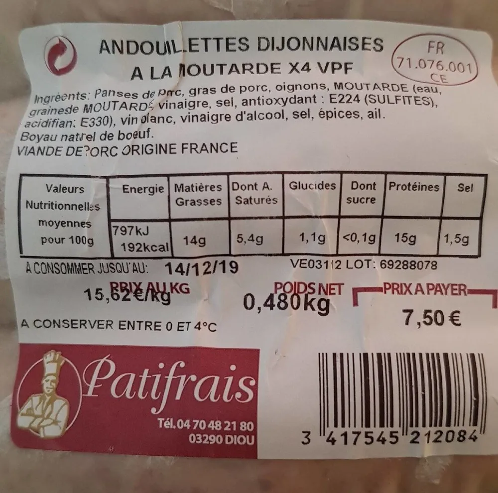 ANDOUILLES DIJONNAISE A LA MOUTARDE