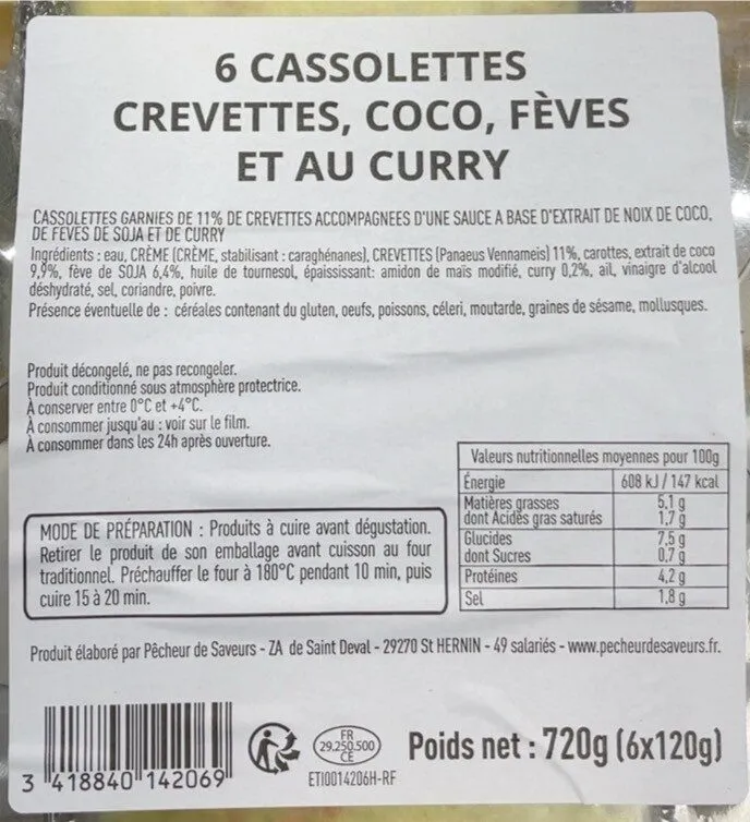 6 cassolettes crevettes, coco, fèves et au curry