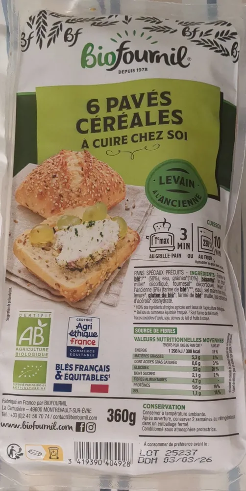 Biofournil petit pavé aux céréales précuit bio