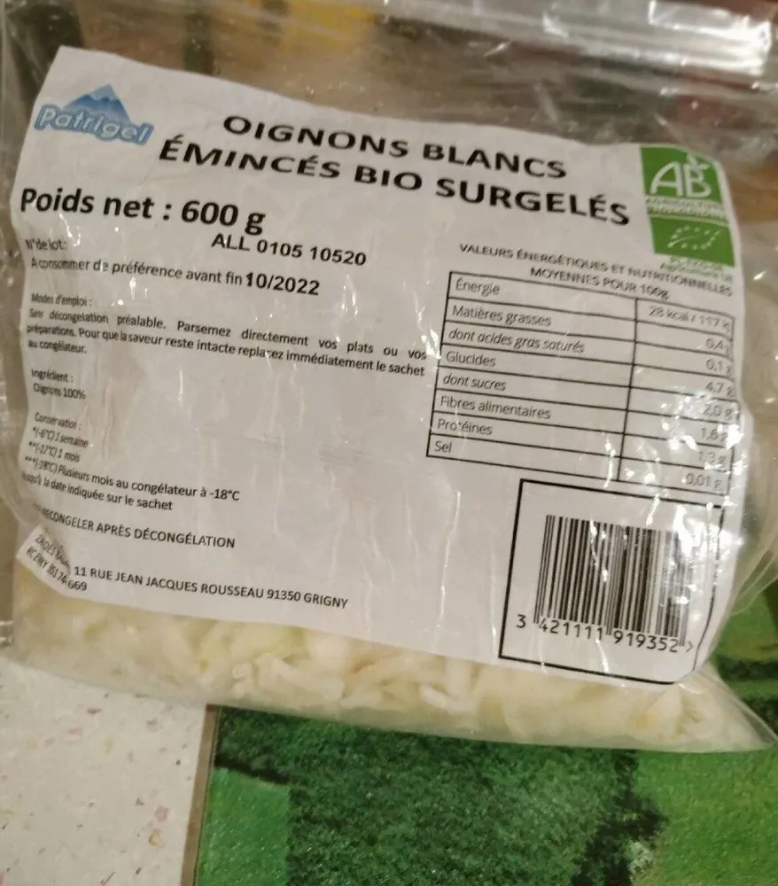 Oignons blancs émincés bio surgelés