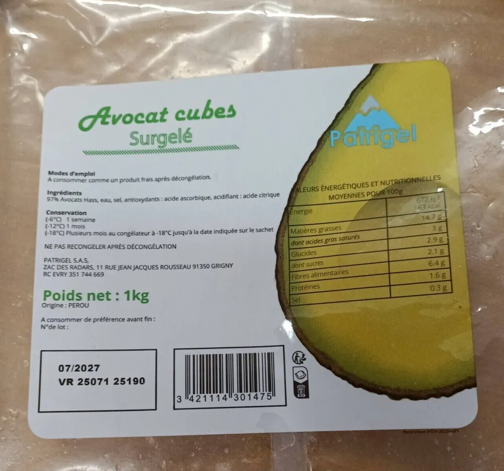 Avocat cubes surgelé