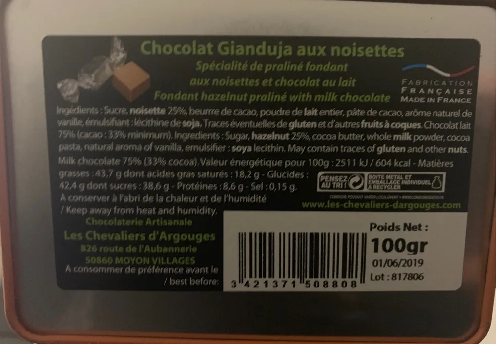 Chocolat Gianduja aux noisettes