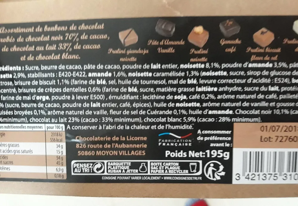 Chocolats Chocolaterie de la Licorne