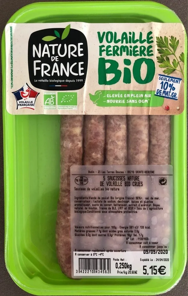 Saucisses nature de volaille bio