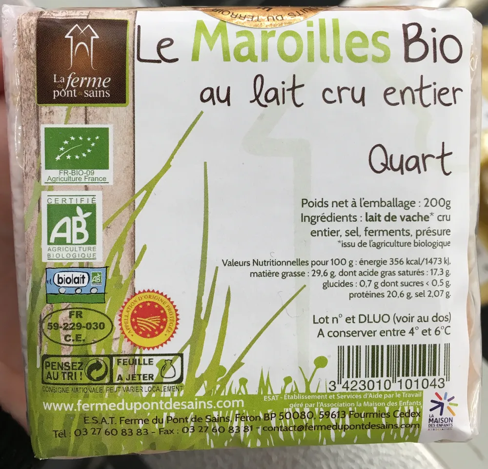 Le Maroilles bio au lait cru entier Quart