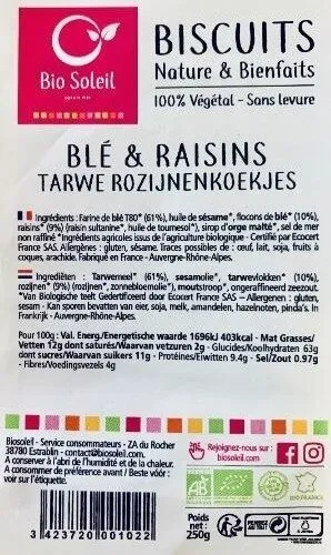 Biscuits Nature & Bienfaits Blé & Raisins