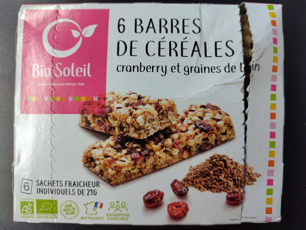 6 barres de céréales cranberry et graines de lin
