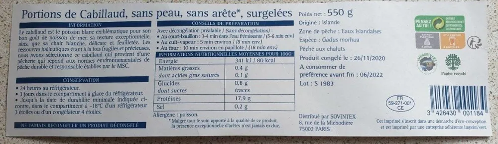 Portions de Cabillaud sans peau, sans arrete surgelees