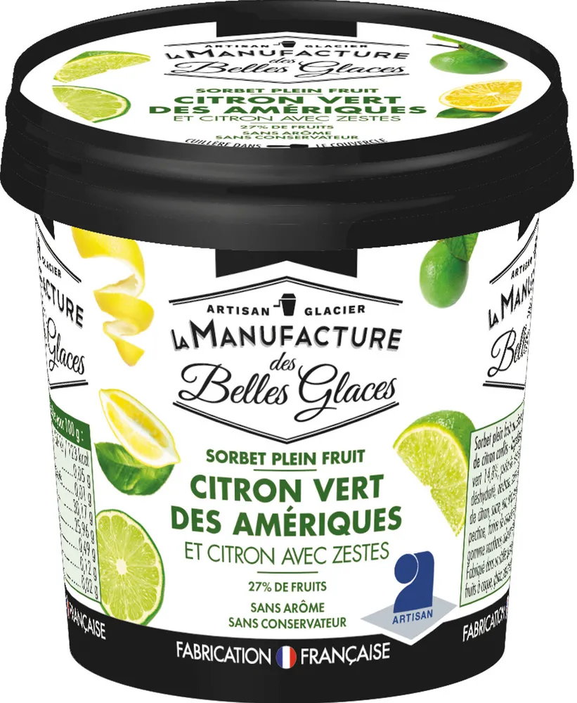 Sorbet plein fruit au citron vert des Amériques et au citron avec zestes