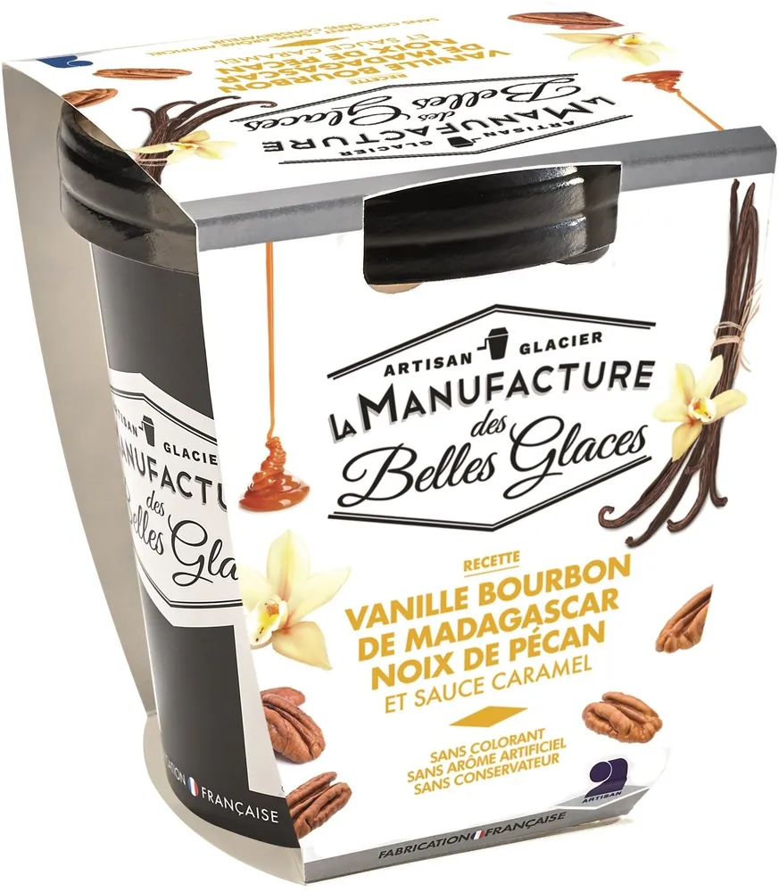 Crème glacée à la vanille Bourbon de Madagascar avec sauce au caramel et morceaux de noix de pécan caramélisées