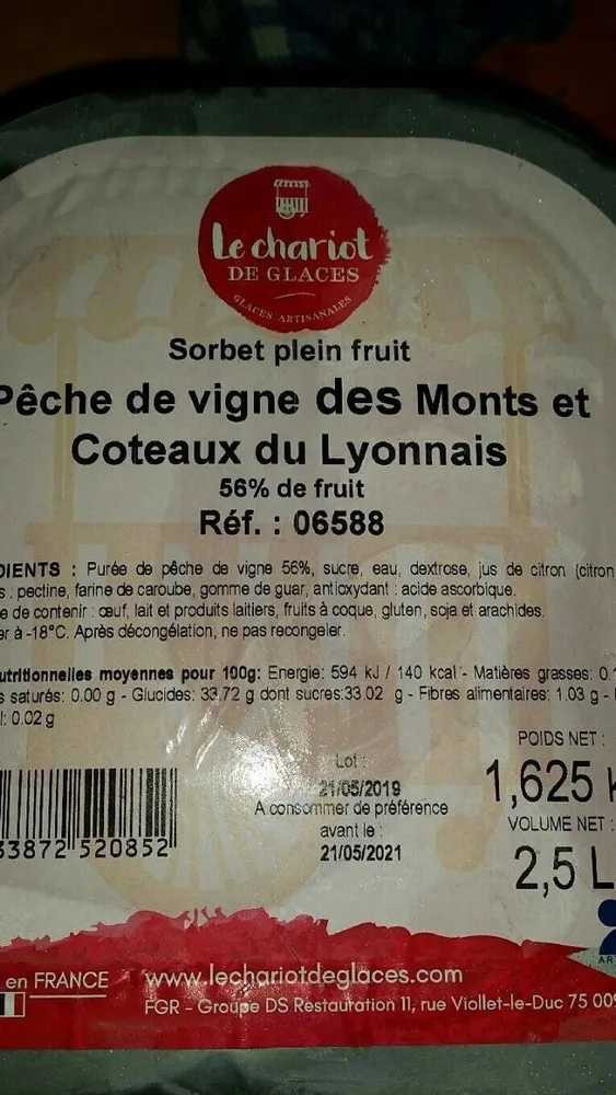 Sorbet pêche de vigne des Monts et Coteaux du Lyonnais