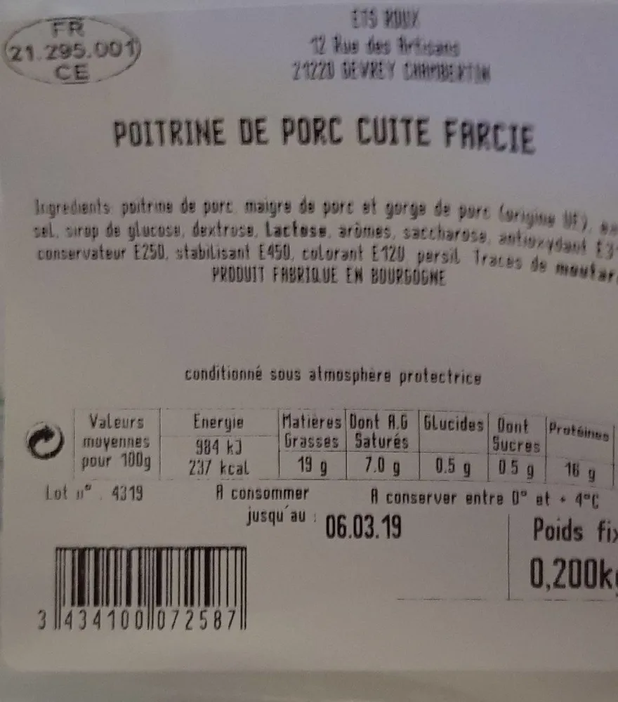 Poitrine de porc cuit farcie