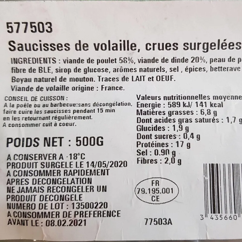 SAUCISSES DE VOLAILLE crues surgelées IQF