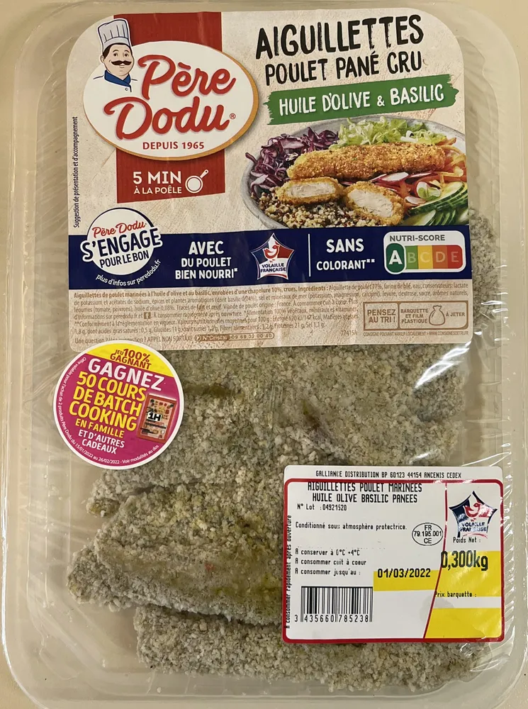 Aiguilllettes poulet pané cru huile d’olive et basilic