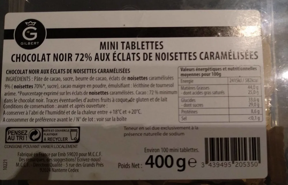Mini tablettes chocolat noir 72% aux éclats de noisettes