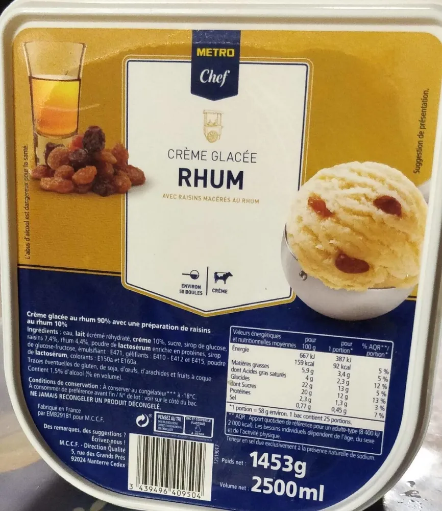 Crème glacée rhum avec raisin macéré au rhum