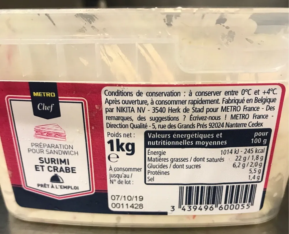 Préparation pour sandwich Surimi et Crabe
