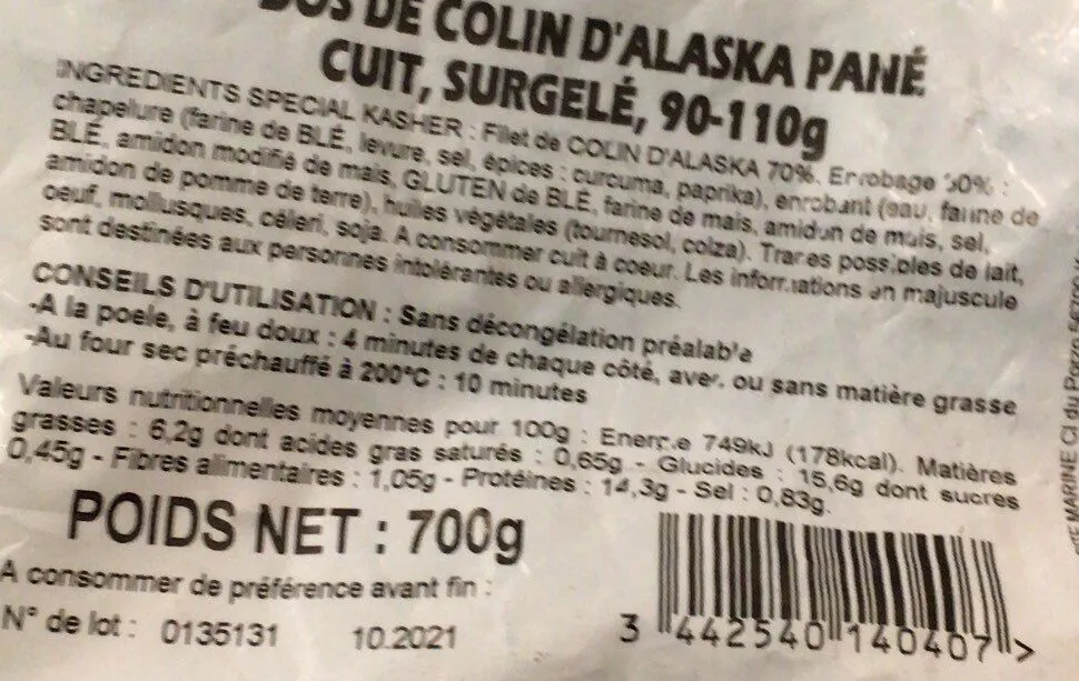 Dos de colin d’Alaska pané