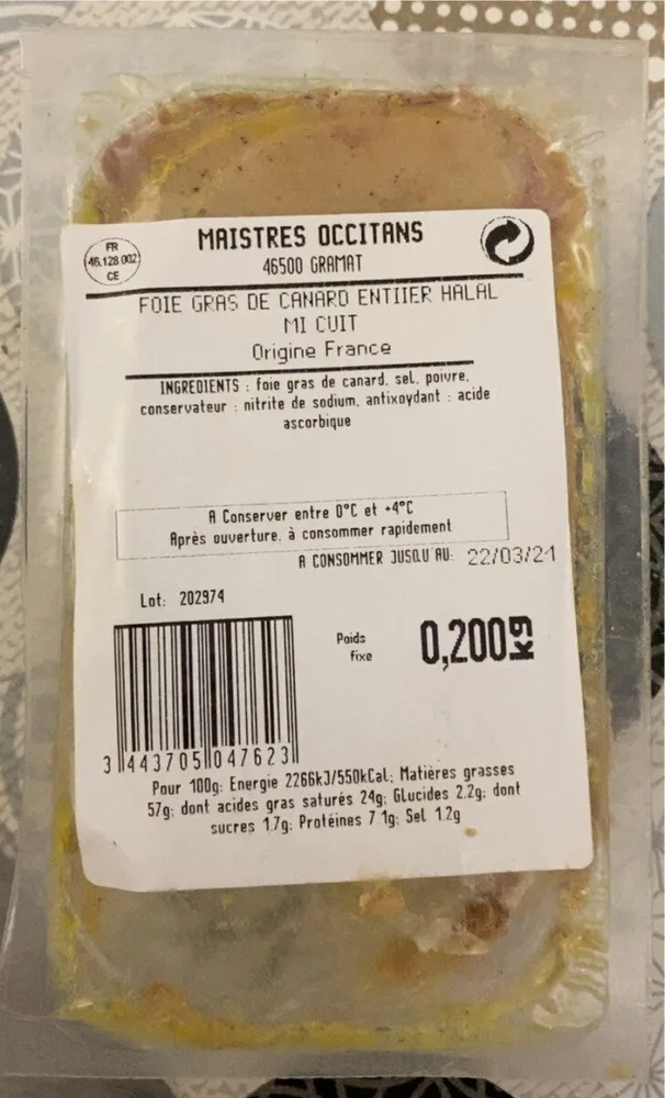 Foie gras de canard entier halal mi cuit
