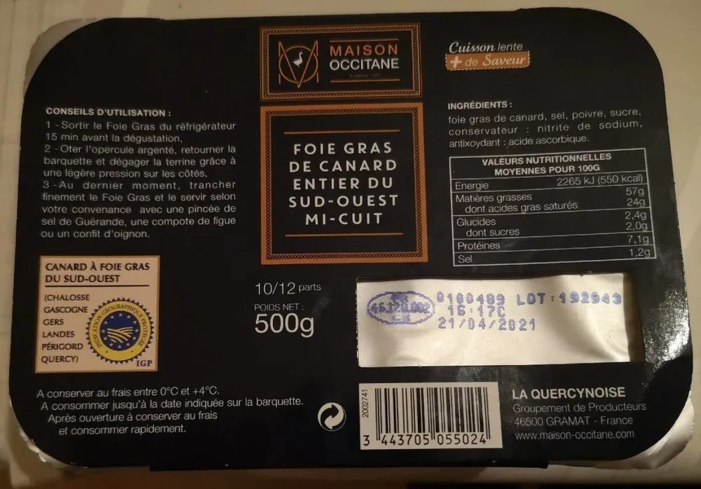 Foie gras de canard entier du sud-ouest mi-cuit