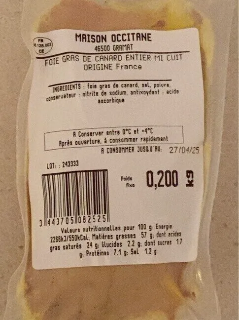 Foie gras de canard entier mi cuit