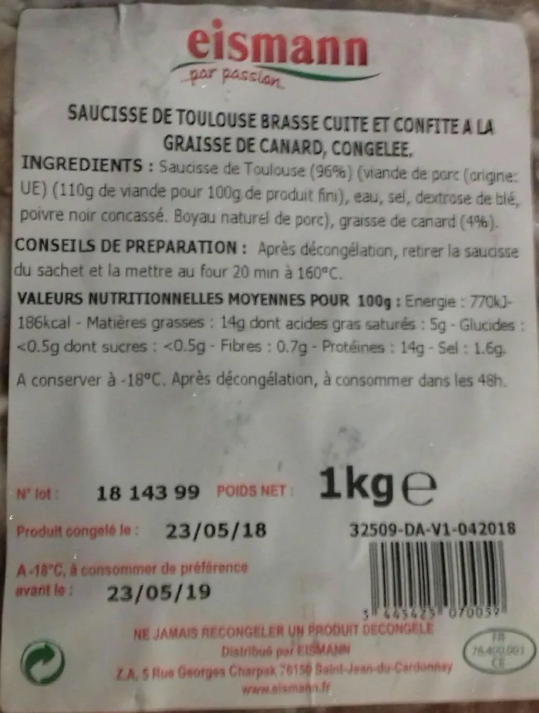 Saucisse  de Toulouse brasserie cuite