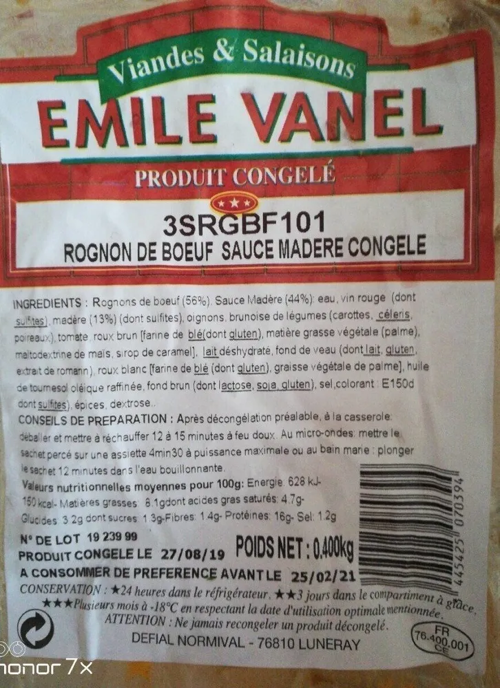 Rognons de bœuf sauce madère congelé
