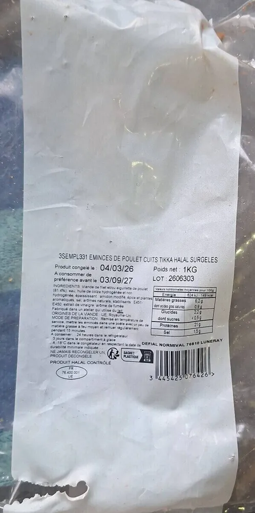 Émincés de poulet cuits ticket halal surgeles