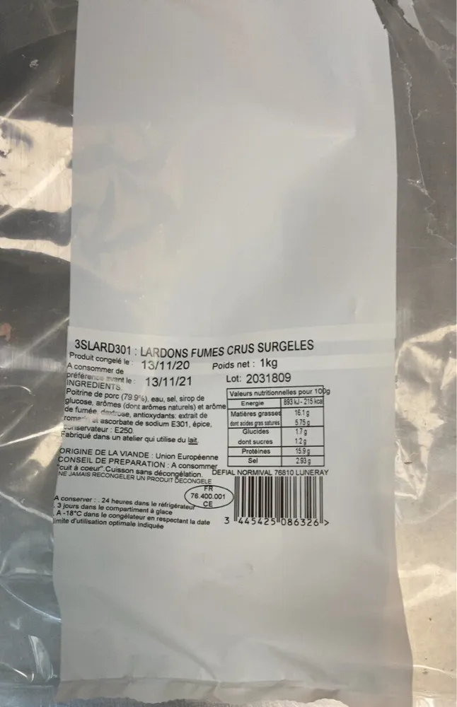 Lardon fumes crus surgeles