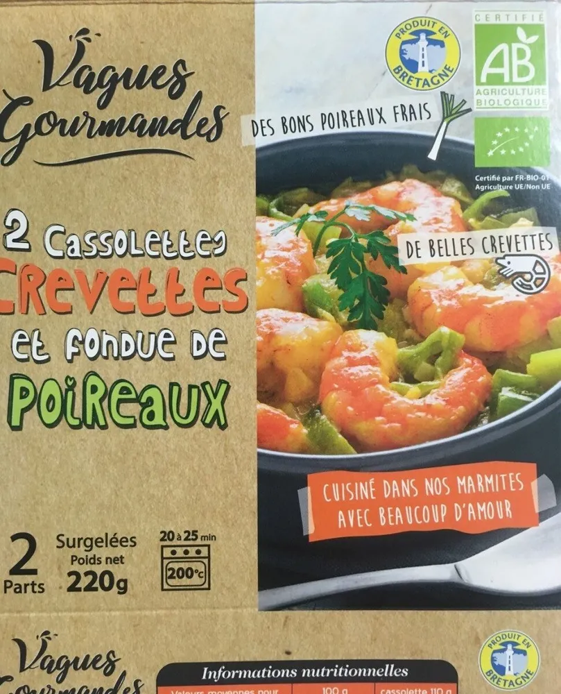 Cassolettes crevettes et fondue de poireaux bio
