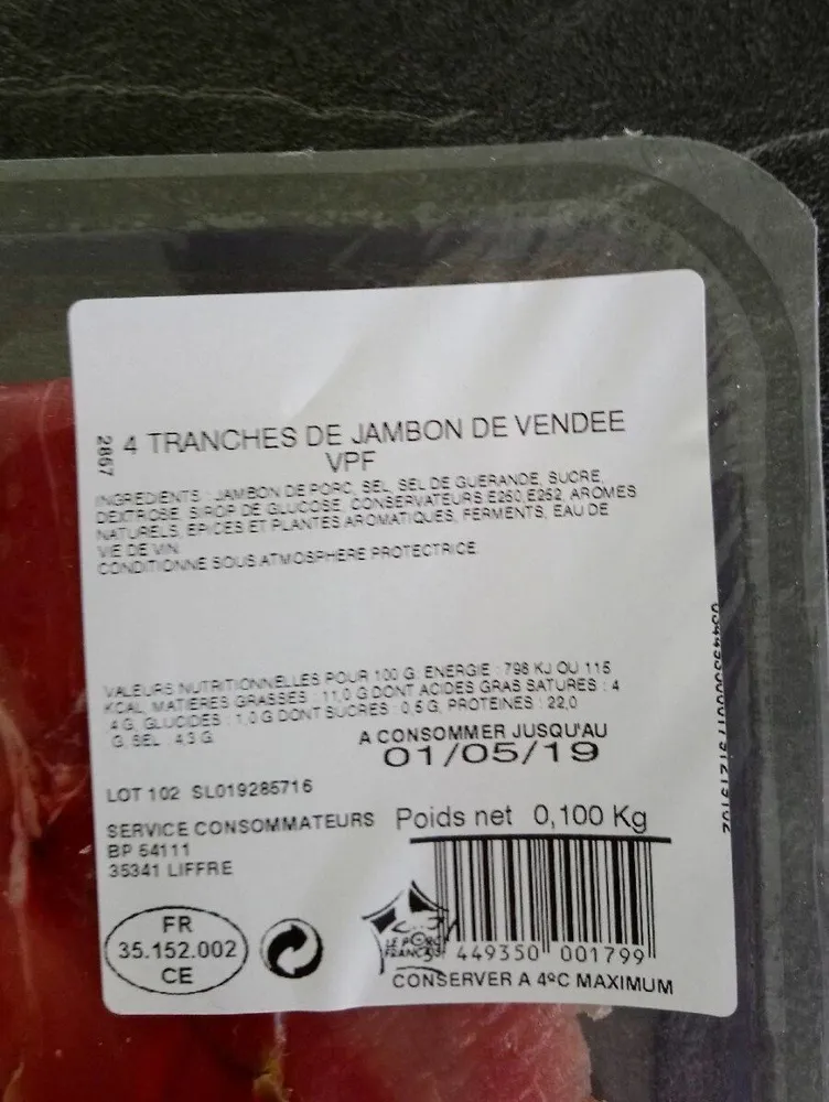 Tranches de jambon de Vendée VPF