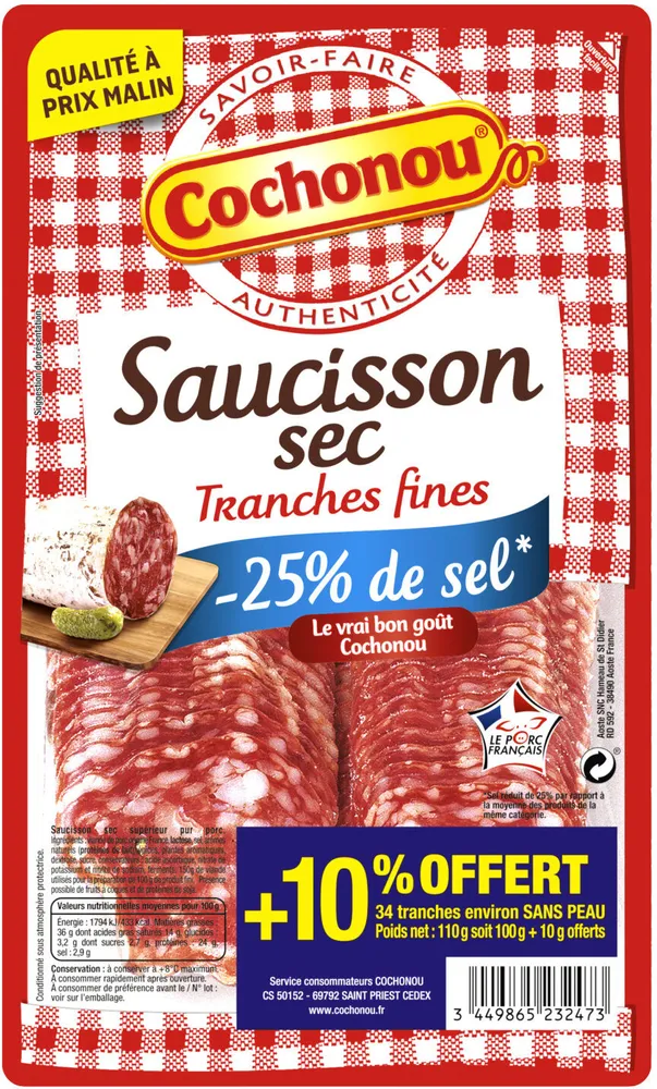 Saucisson sec réduit en sel, tranches fines