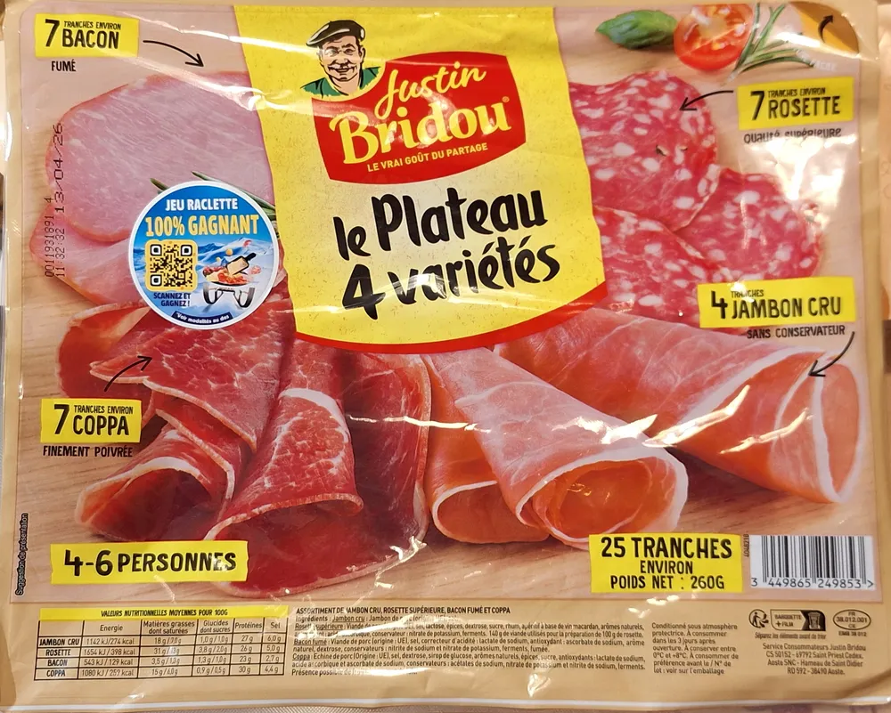 Le plateau 4 variétés jambon cru, Rosette supérieure, bacon fumé et coppa 25 tranches