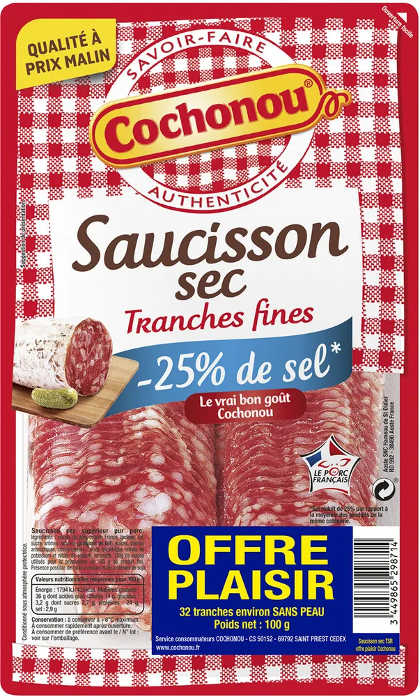 Saucisson sec Tranches fines -25% de sel*