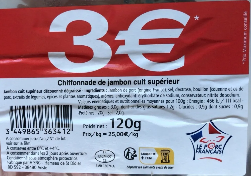 Chiffonade de jambon cuit supérieur